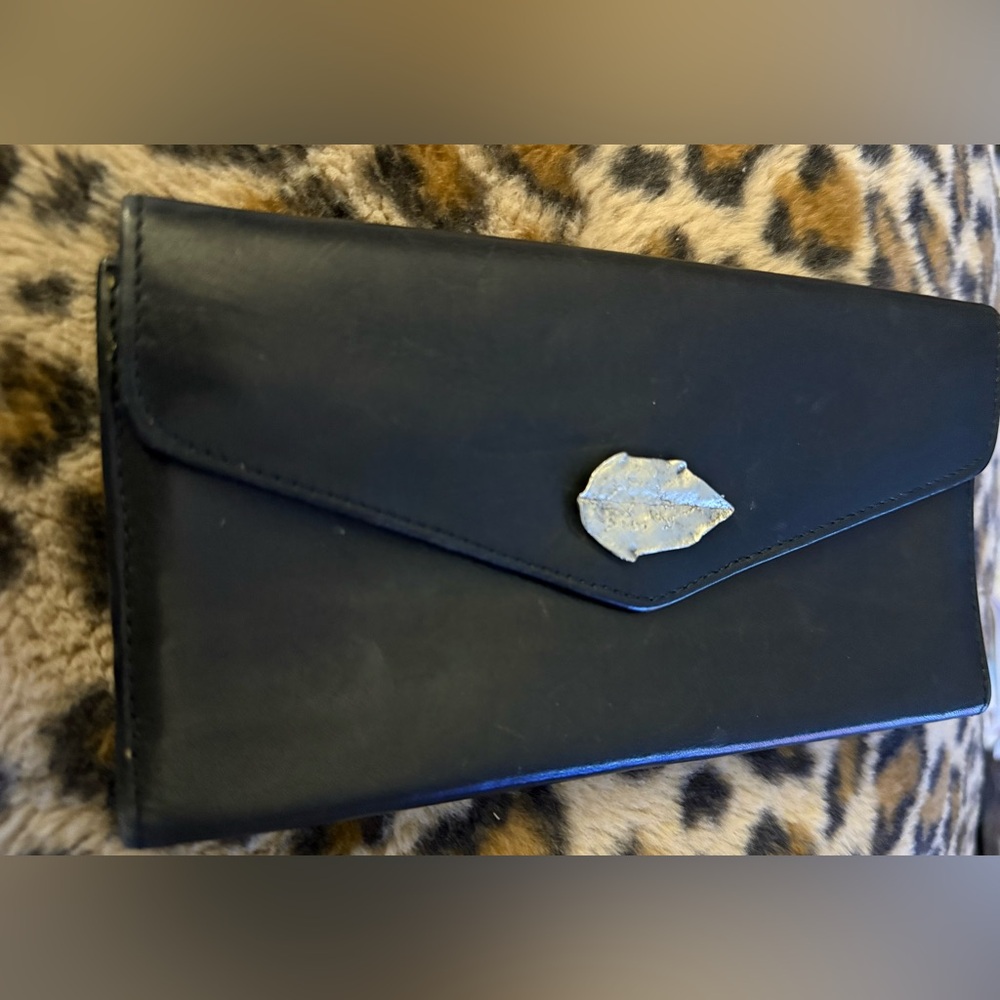 Beautiful Soft Leather Black Envelope Clutch Wallet with Silver Leaf Accent